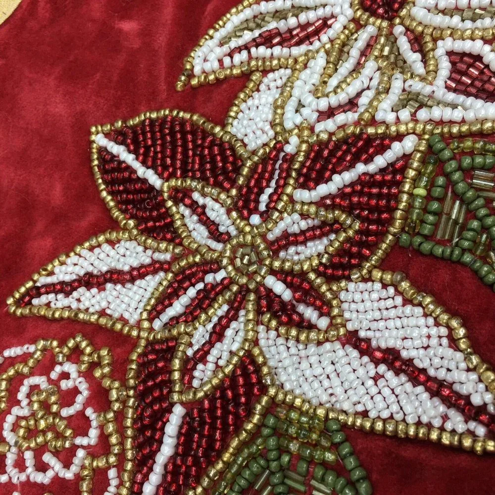 Max Studio Tabletop Mini Red Velvet Beaded Poinsettia Christmas Tree Skirt 22”